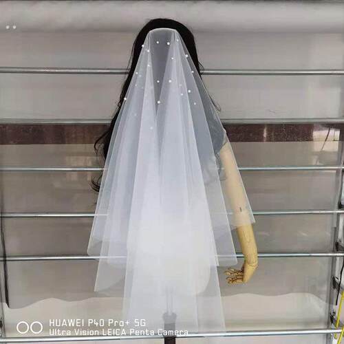 2020韩式白色新娘结婚婚礼拍照旅拍手工珠子软纱头纱婚纱礼服配饰