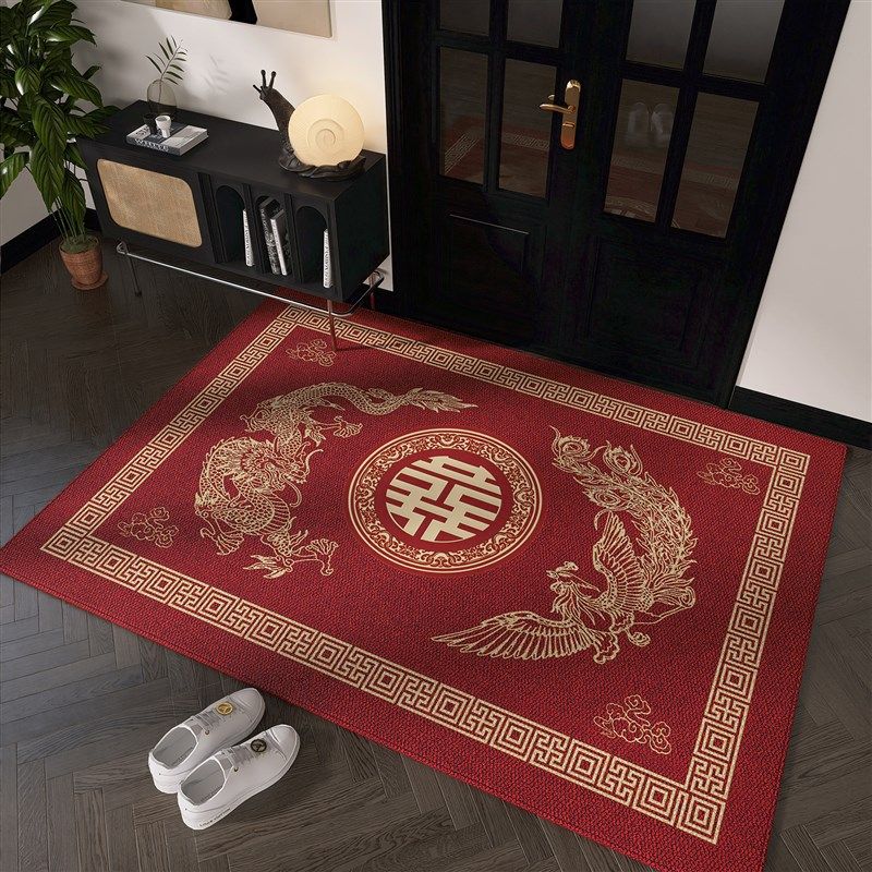 新中式红色喜庆地垫入户门可裁剪家用耐脏地毯玄关门口脚垫可定制