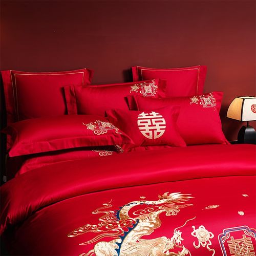 高档龙凤刺绣结婚四件套红色新婚房陪嫁被套纯棉婚庆床上用品喜被
