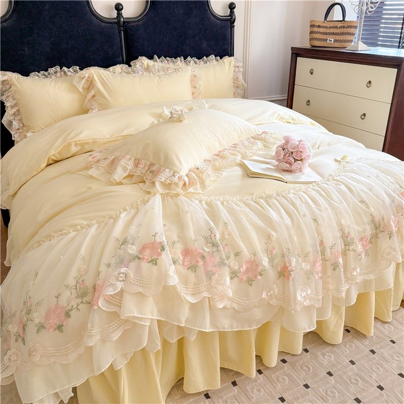 韩式全棉蕾丝花边公主风床裙四件套纯棉少女裸睡刺绣被套床单床笠,床上用品,学生床品套件,淘宝优惠券,粉丝福利购,淘宝优惠卷