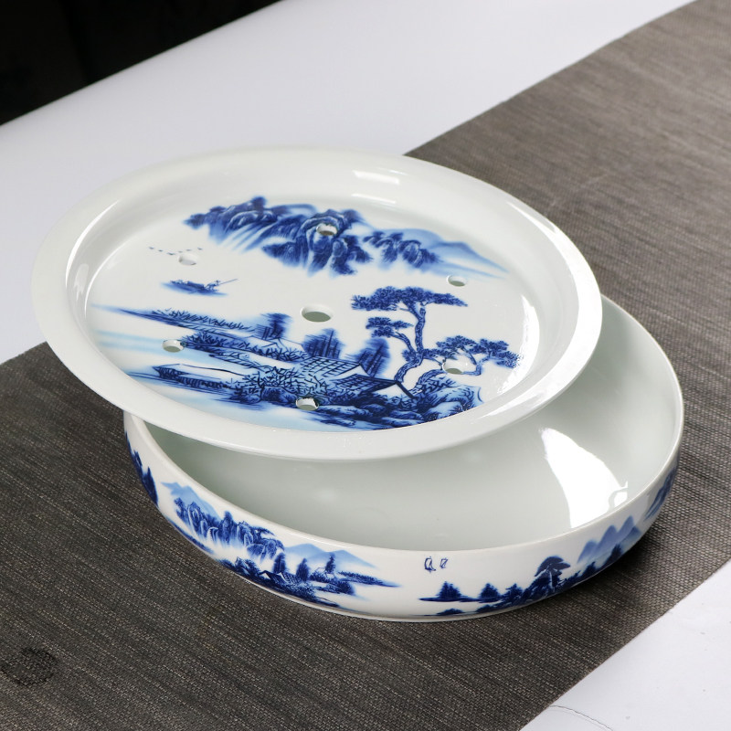 12寸青花瓷茶台双层储水大号圆形陶瓷茶盘家用盛水托盘嵌入式茶船
