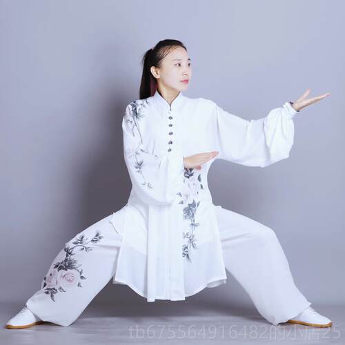 正品新款丝麻太极服男女彩中长款绘赛服服演出服透气加长表演比带