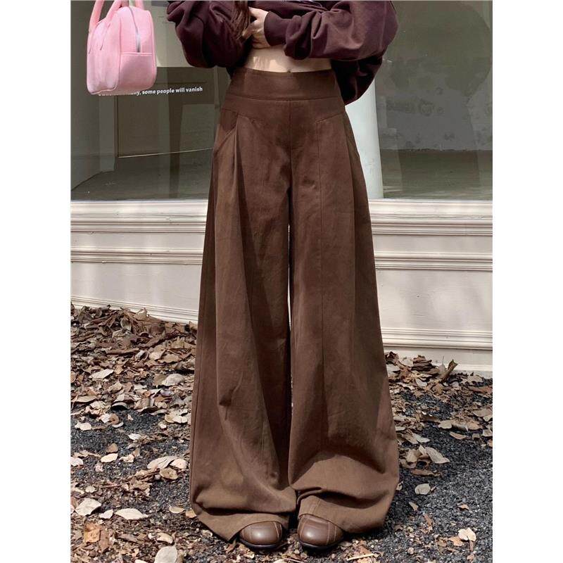 MER哦哦三妹韩系慵懒咖色休闲裤女2025秋冬新款宽松加绒阔腿裤子