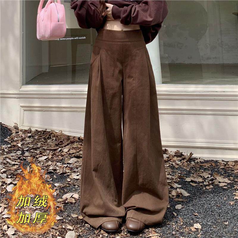 3MER哦哦三妹韩系慵懒咖色休闲裤女2025秋冬新款宽松加绒阔腿裤子