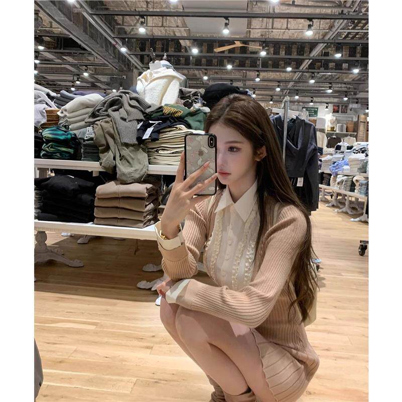 JMSHOP 纽约艺高 针织连衣裙女内搭裙假两件拼接衬衫领裙子百褶裙