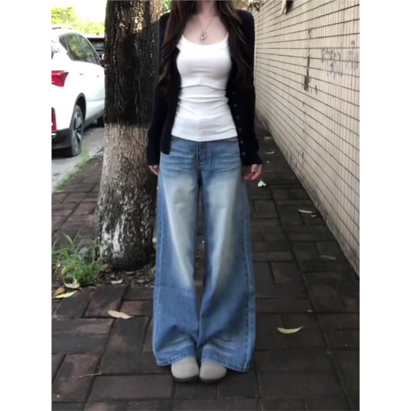 式辣妹折痕做旧水洗牛仔裤秋季2025新款拖地显瘦宽松直筒阔腿裤