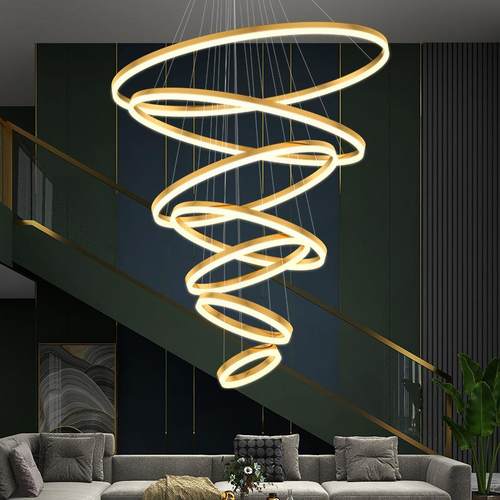 广东中山灯具复式楼大吊灯客厅灯现代简约大气挑高圆环北欧餐厅灯