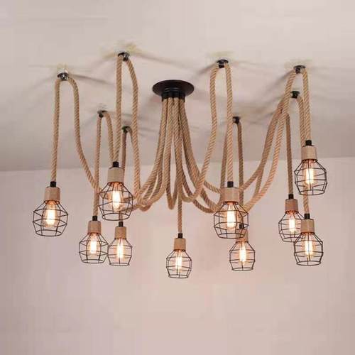 复古工业风麻绳天女散花手雷吊灯餐厅奶茶店网咖酒吧单头多头