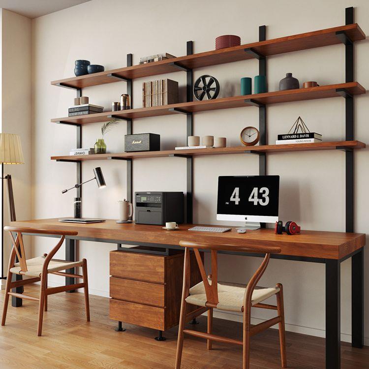 严选双人学生实木书桌书架组合家用卧室学习长条电脑桌书架一体