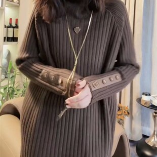 欧货2023秋冬季新款韩版宽松袖口重工皮扣高领毛衣女中长款打底衫