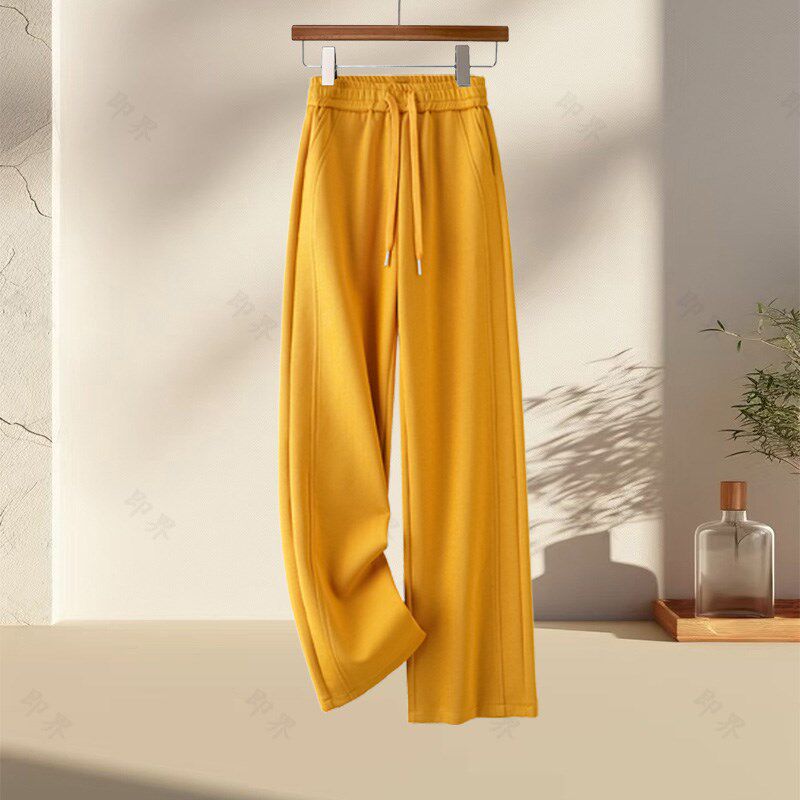 时尚流行黄色休闲裤女2025年春秋季新款高腰韩版慵懒风阔腿运动裤