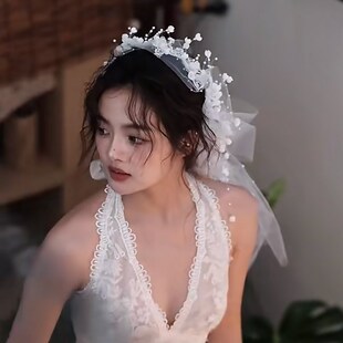 法式优雅新娘头纱超仙森系花环发箍拍照结婚主纱领证登记珍珠发饰