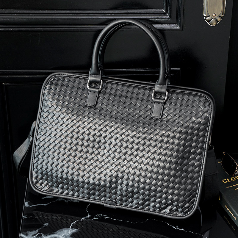 手工编织手提包商务公文包电脑包韩版男包时尚横款方形单肩斜挎包