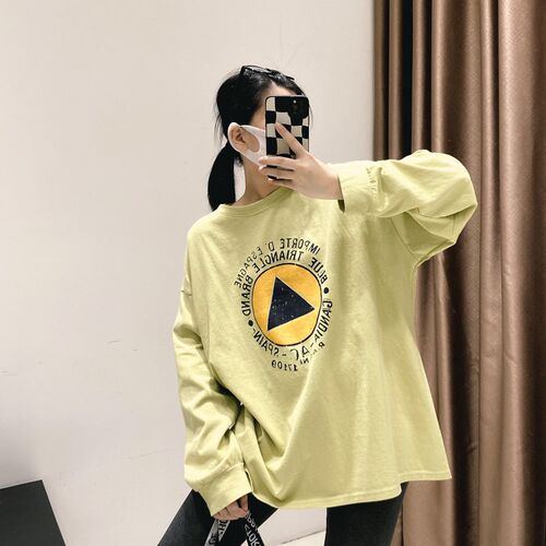 您好oo生机盎然奶油莱姆绿女装春宽松休闲大版型中长款长袖T恤衫