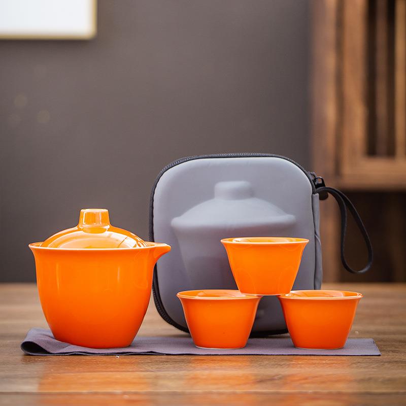 柿橙一壶三杯快客杯小套组户外露营便携旅行茶具创意商务活动礼品