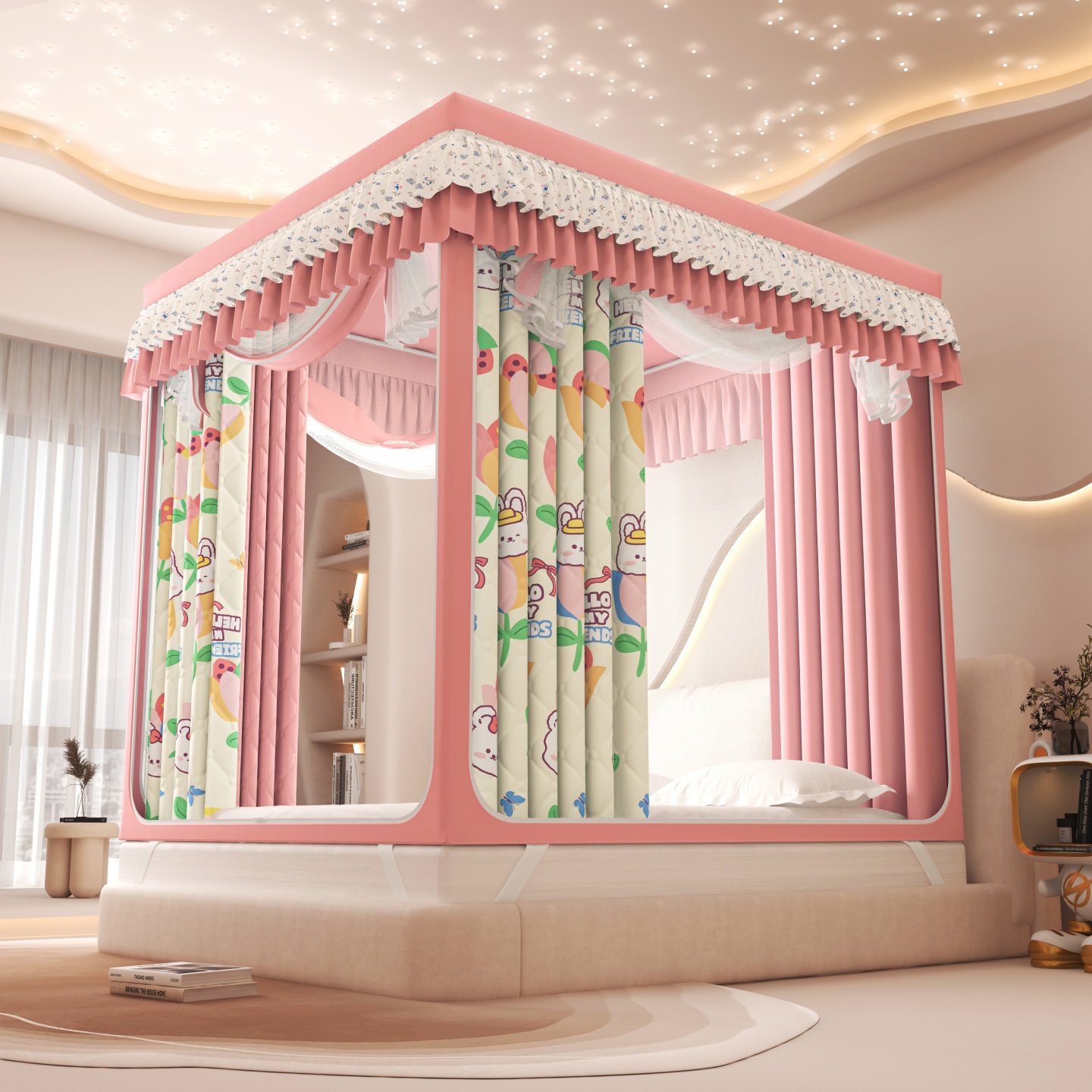 2025新款冬季夹棉保暖遮光帘三开门坐床蚊帐家用卧室1.8m床幔纹帐,床上用品,蚊帐,淘宝优惠券,粉丝福利购,淘宝优惠卷