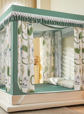 2025新款a类全底印花遮光帘防摔三开门坐床蚊帐家用1.8m床幔纹帐