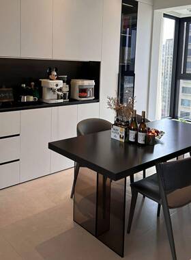 轻亚力克岩板奢餐桌现代简约用小户型家长方形悬浮黑色餐UIK桌椅