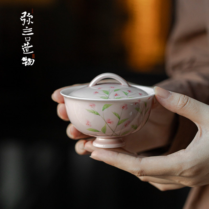 弥言红釉下彩手绘花草盖碗不烫手