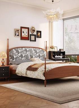 法式中风实床樱桃木色1木单米5人床简约古复古黑色主卧1米8XOV双