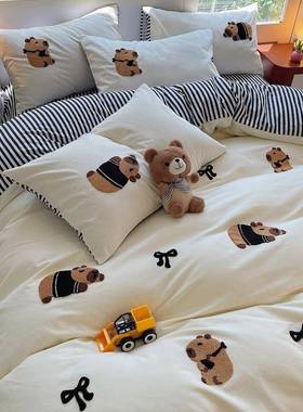 棉加厚磨毛贴布绣床上四件2全25新0款纯棉被套床单人宿舍OKL三套