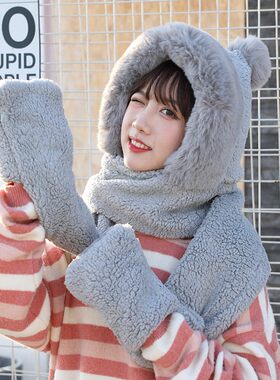 冬季学生女帽子围巾手套三件套围脖一体双层毛绒加厚保暖套装女潮