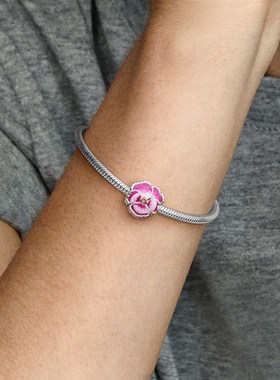 欧洲魅力清新甜美三色堇花闺红色夜光珠DIY镀银蛇骨链手链