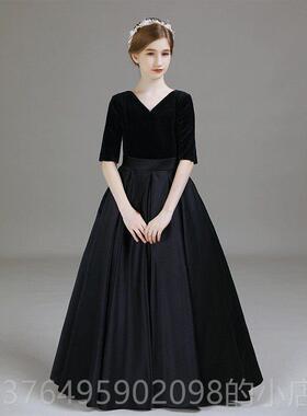 新款女童黑色中袖演出服 LA奏ICING品大提琴演会礼牌服 钢琴演出