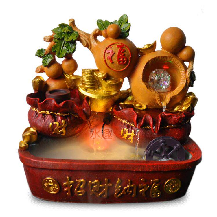 造水景喷泉创意饰品五摆福门临仿XCS陶盆树脂鱼缸流水摆件风轮设
