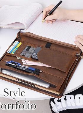 亚头层疯马皮男士文件夹理夹商务皮经革逊多功能马QEO合同资料夹