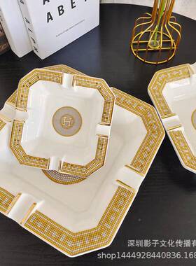 跨境灰陶烟瓷缸创意个性潮公流防飞灰带盖家用75588客厅办室烟缸