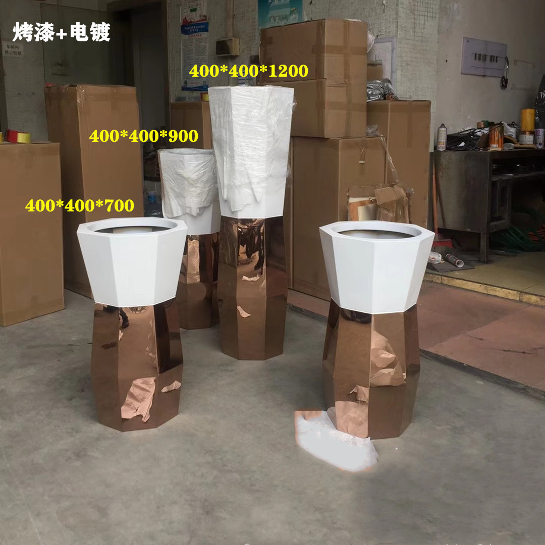 电镀金色圆形多边形不锈钢花盆花钵花器欧美双色圆形花盆制作厂家