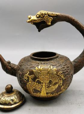古玩黄铜收藏蛇形把手壶巨龙吐水龙兆吉祥形制端正造型精美