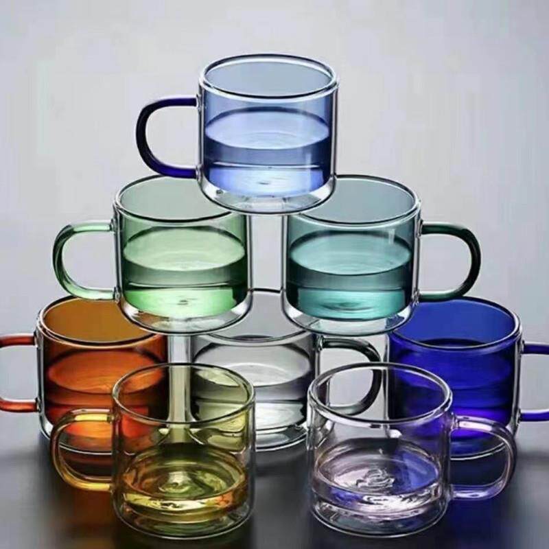 彩色双层玻璃杯小清新咖啡牛奶早餐杯 带把果汁玻璃水杯250ml杯子