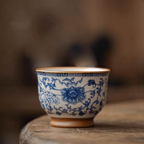 米黄汝窑复古青花缠枝莲主人杯单杯功夫品茗杯汝瓷开片可养喝茶盏
