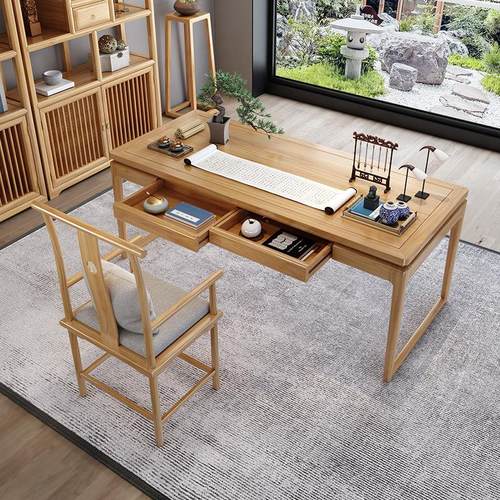 新中式办公室书房电脑桌学生写字台全实木书桌长条桌老榆木书法桌