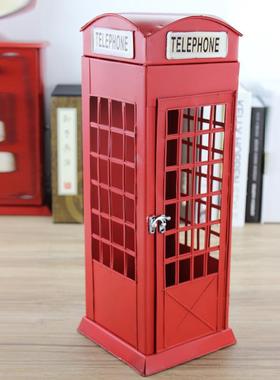 Zakka杂货手工艺品 仿古工艺铁皮红色电话亭模型装饰摆件