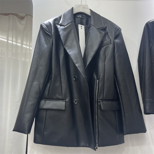 设计感帅气垫肩皮衣 外套女2024秋冬季 十三行时尚 气质PU皮宽松西装