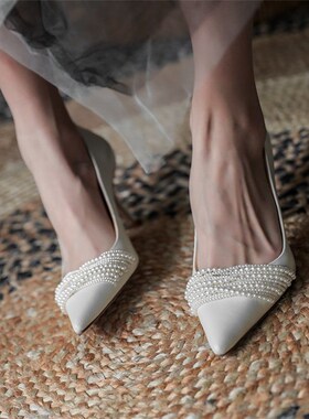 白色主婚鞋夏气质超仙女珍珠法式真皮尖头细跟单鞋晚宴高跟鞋婚鞋