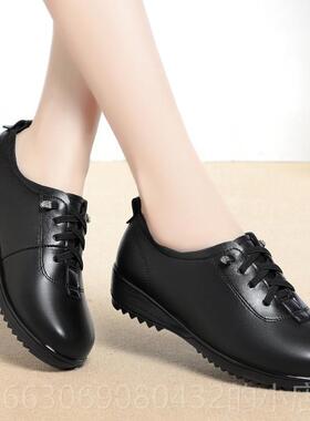 高档全牛皮真皮单鞋女底平软低跟春秋新款中女老年妈底妈鞋皮鞋大