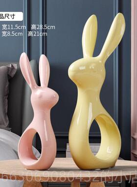 高档客摆件件陶瓷糖果公色兔子创厅意卧室装饰玄关家居桌面办室小