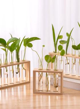 简约北欧试管玻璃花瓶摆件 创意木架水培植物容器家居桌面装饰品