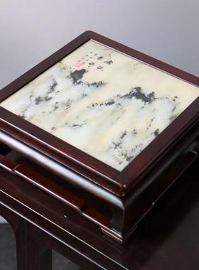 大红酸枝正方形盆景花瓶底座红木嵌云石实木装饰底座文玩木雕摆件