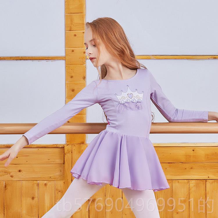 新款纺1秋9年56儿童春长袖舞蹈服纯棉练习服女孩刺绣雪短裙表演服