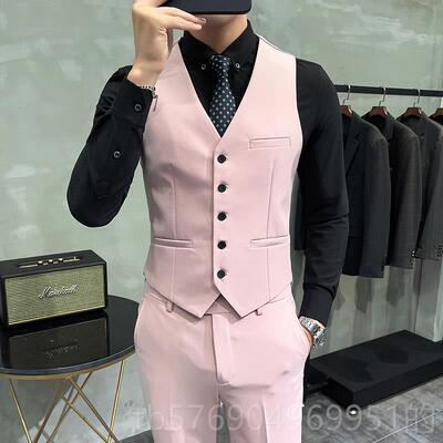 新款帅亮色马甲套装修身气KTV酒吧工作服时尚潮流男帅马夹西装背