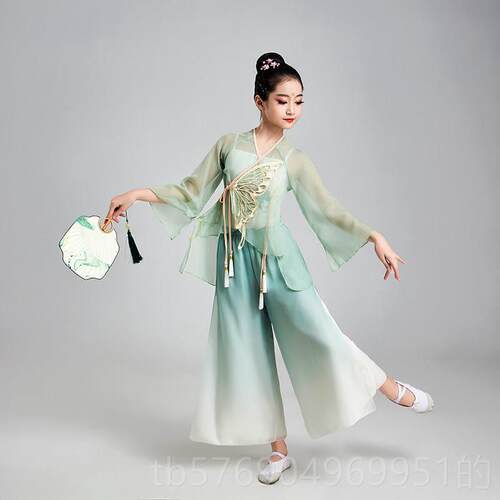 新款儿童中古典蹈服纱衣长裙女童国风汉服飘逸族民扇子舞身韵演出