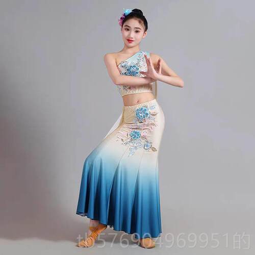新款新儿童傣族蹈演出服女艺考360度款弹力鱼尾裙幼儿孔雀舞舞表
