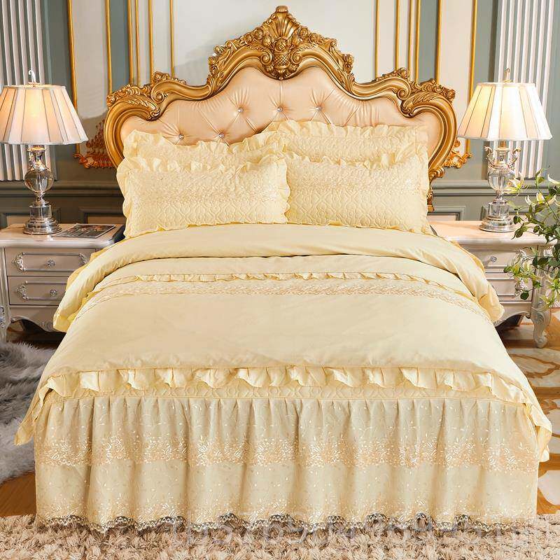 新款欧床式全棉夹蕾丝床套裙款四件套上用品纯棉加厚床罩4棉件被