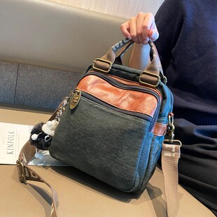 厚实耐磨手提帆布包包女士2024民族风复古多袋配牛皮单肩挎包背包