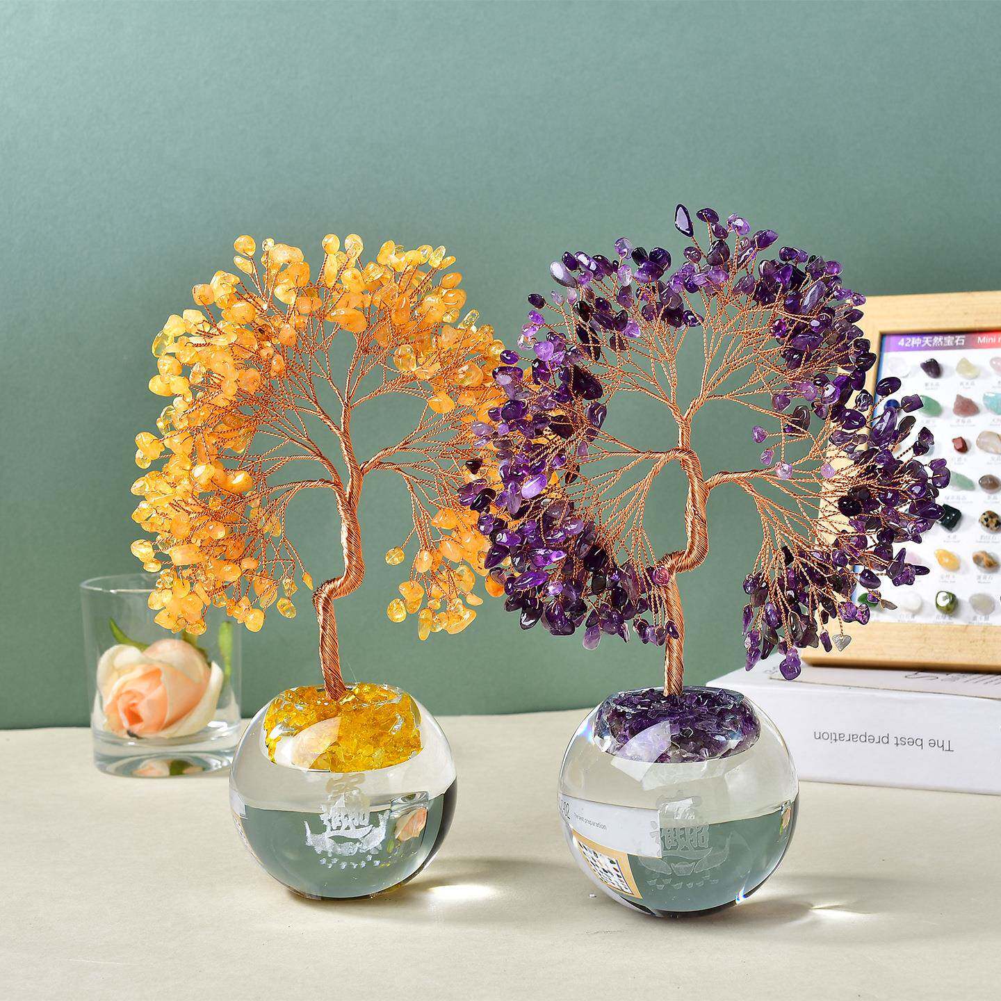 热碎销水晶球发招财树家居办.公室桌摆面件晶石发财树摆水件
